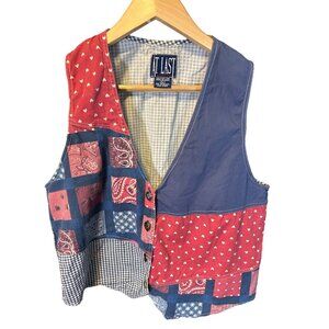 Vintage 80s 90s At Last Red White Blue Buttoned Sleeveless Patchwork Vest L